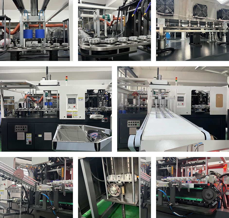 Fully automatic PET bottle blowing machine stretching mechanism cycle motion steps